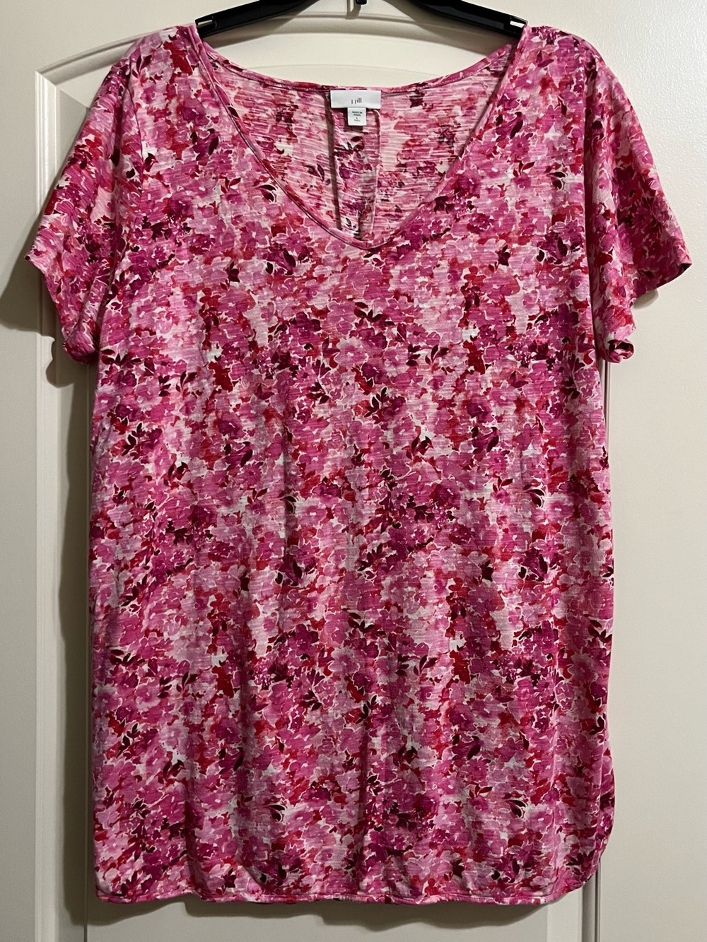 J. Jill Pink Pink Multi Floral V-Neck Short Sleeve Cotton Blend Top Blouse Large